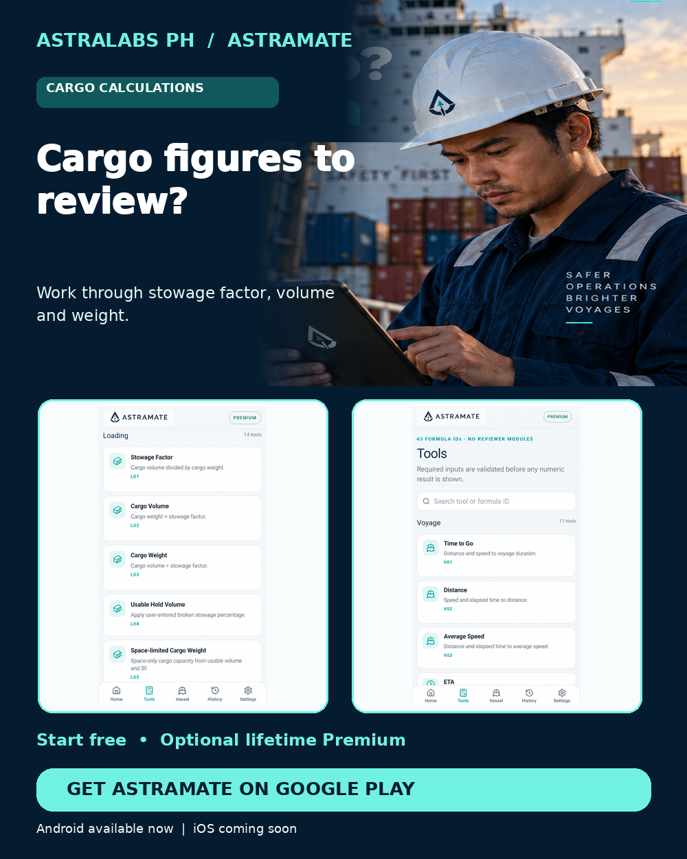 Astramate promotional cargo-calculation scene using official app visuals