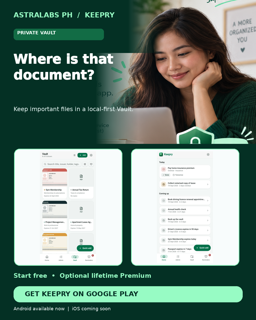 Keepry promotional visual of document validity and organization featuring official app content